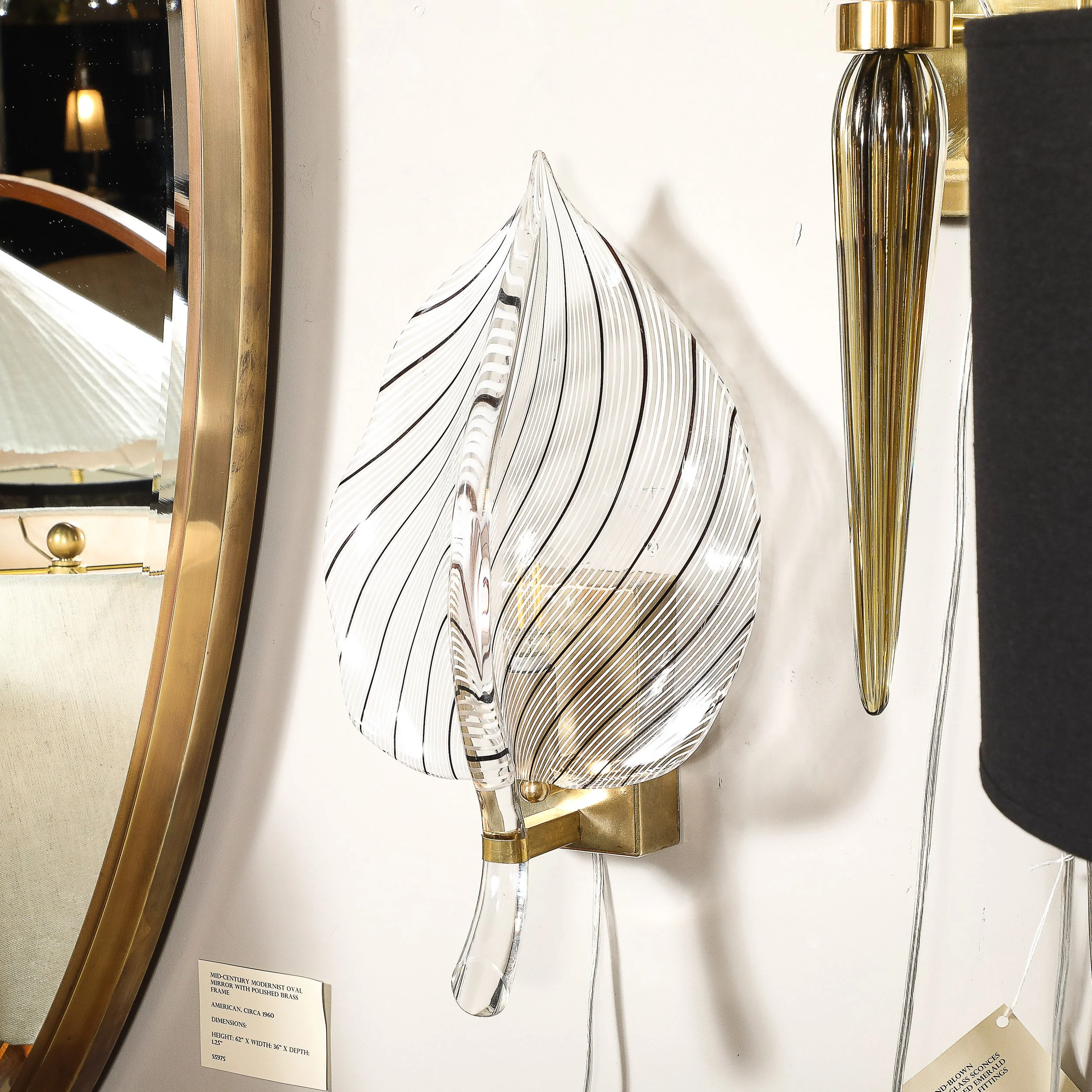 Mid-Century Hand-Blown Black Linear Murano Glass Leaf Sconces by